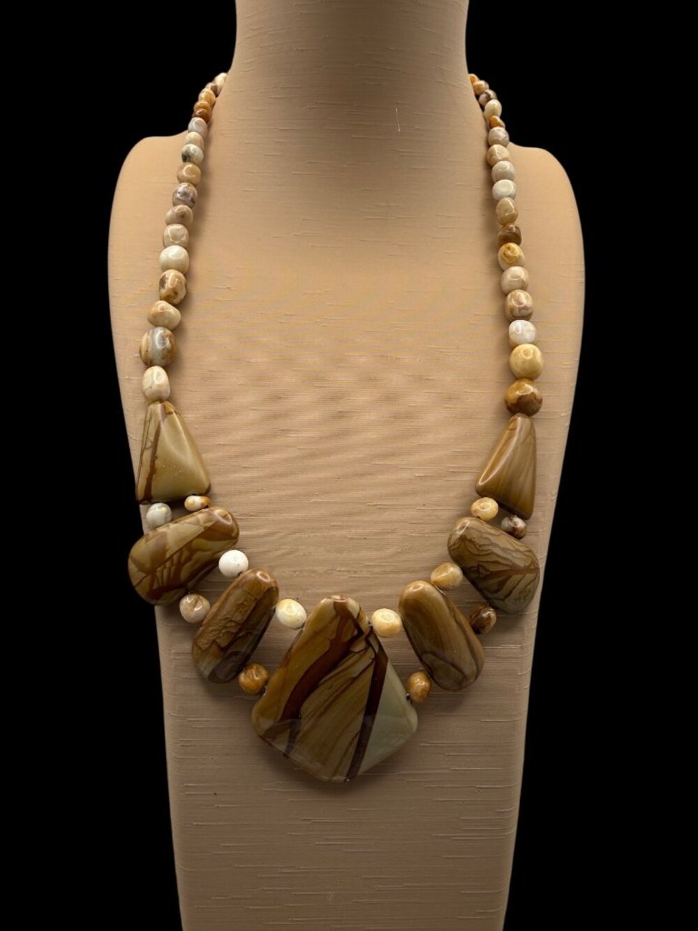 J King Brown Java Lace Agate Beaded Bib Statement Necklace Sterling Silver Boho